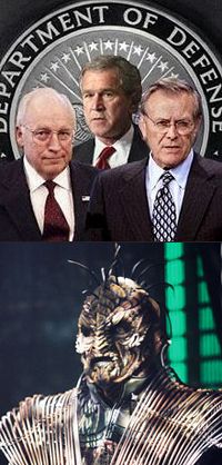 Reptilianer mit Schlips & Kragen: Vizepräsident Cheney, Präsident Bush und Verteidigungsminister Rumsfeld.